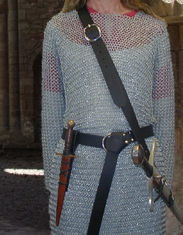 Bailey Basics Squire Set. Baldric, Medieval Ring Belt & Dagger Frog shown in black leather with nickel hardware.