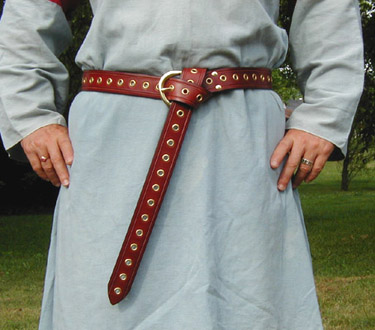Medieval Eyelet Belt~Based on Period Illustrations. Available in black, dark brown, chestnut(shown),& dark tan leather with brass or nickel eyelets & buckle.