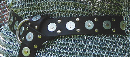 Closeup of our Medieval Warlord Belt, heavily studded with rivets and riveted steel discs.