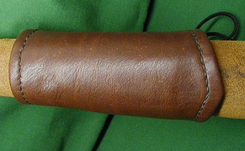 Soft Leather Bracers shown in brown leather with black hand stitching. Excellent comfort.