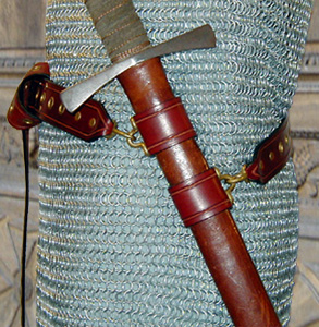 Our Medieval Swordbelt is based on a late Medieval sword belt design. Side view shows loop and eye scabbard mounts/frogs.