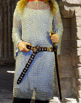 Our Sir Robert Swordbelt is based on the sword belt of Sir Robert de Bures. Shown front view in dark brown leather with nickel hardware.