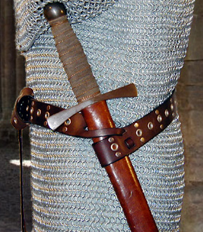 Our Sir Robert Swordbelt is based on the swordbelt of Sir Robert de Bures. Shown side view in dark brown leather with nickel hardware.