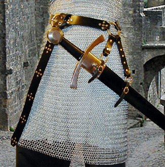 Our Studded Star Swordbelt is based on our Sword Belt of the Circle. Shown in black leather with brass hardware.