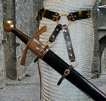 Our Studded Star Swordbelt is based on our Sword Belt of the Circle. Shown in black leather with brass hardware.