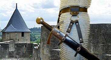Basic Sword Frog shown in black leather with stainless ring, nickel buckles & rivets.