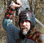 Front view of our leather Anglo-Saxon Helm. Shown in black with dark brown plates.