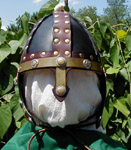 Our Chieftain Leather Helm shown in Dark Brown & Black leather with Brass & Steel trim.