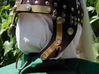 Our Chieftain Leather Helm shown in Dark Brown & Black leather with Brass & Steel trim.