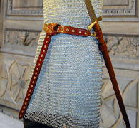 Our Medieval Swordbelt is based on a late Medieval sword belt design. Shown in chestnut leather with brass hardware.