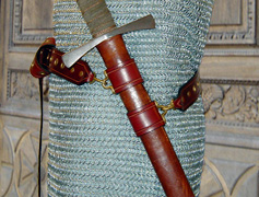 Our Medieval Swordbelt is based on a late Medieval sword belt design. Side view shows loop and eye scabbard mounts/frogs.
